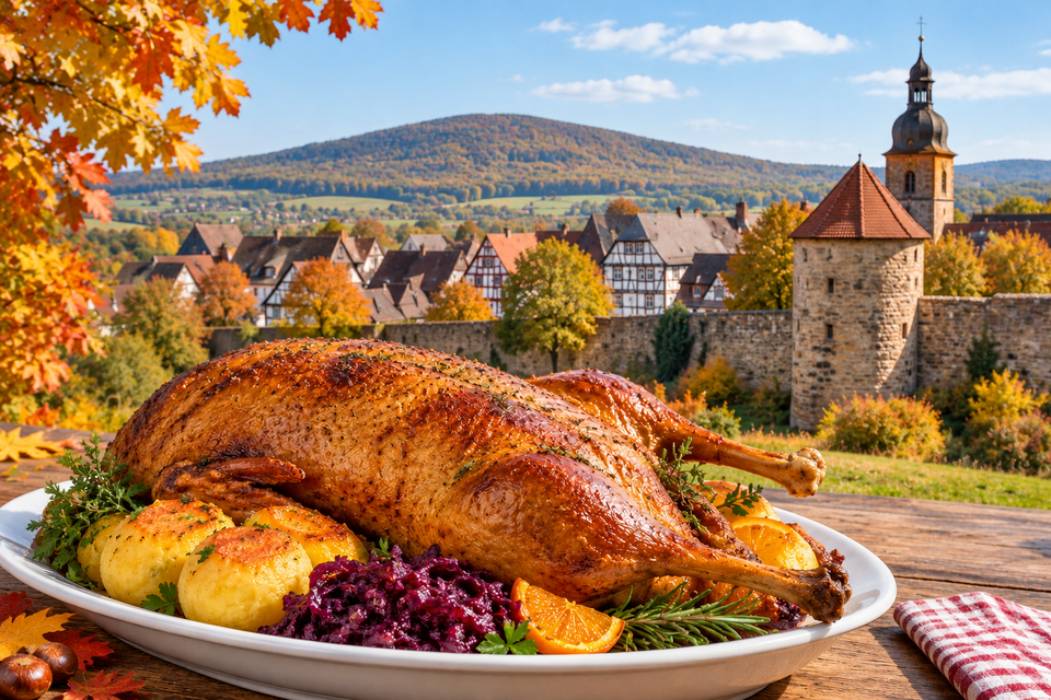 Gänsebraten vor herbstlicher Kulisse