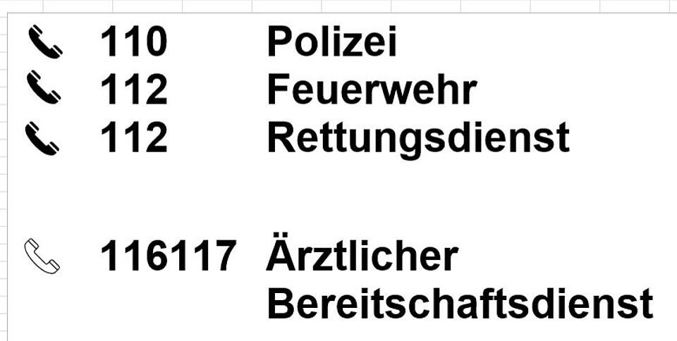 Notruftabelle: Polizei Notruf 110; Feuerwehr Notruf 112; Rettungsdienst Notruf 112; Ärztlicher Bereitschaftsdienst Rufnummer 116117